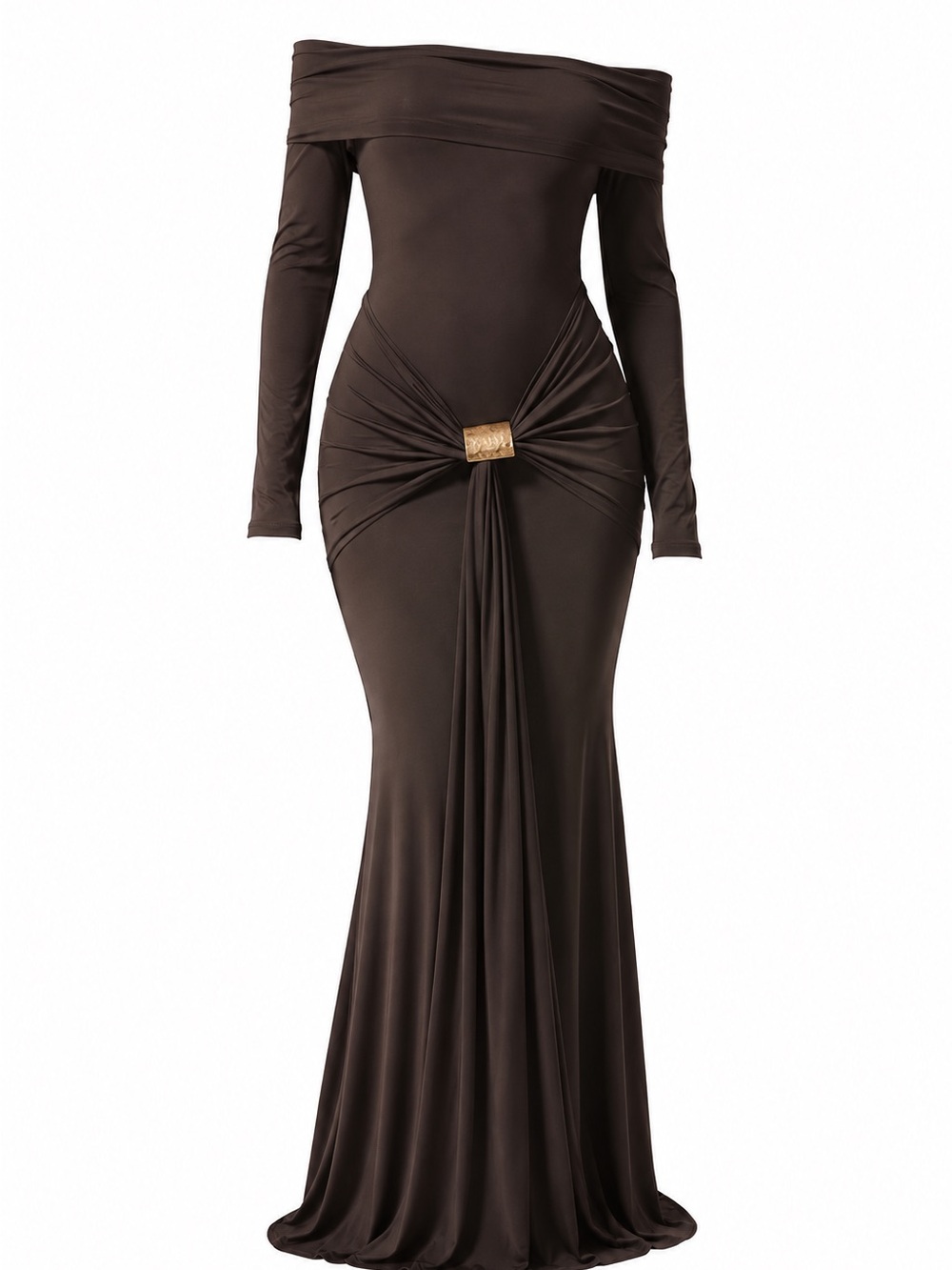 Off-Shoulder Brown Long Sleeve Evening Gown with Gold Accent